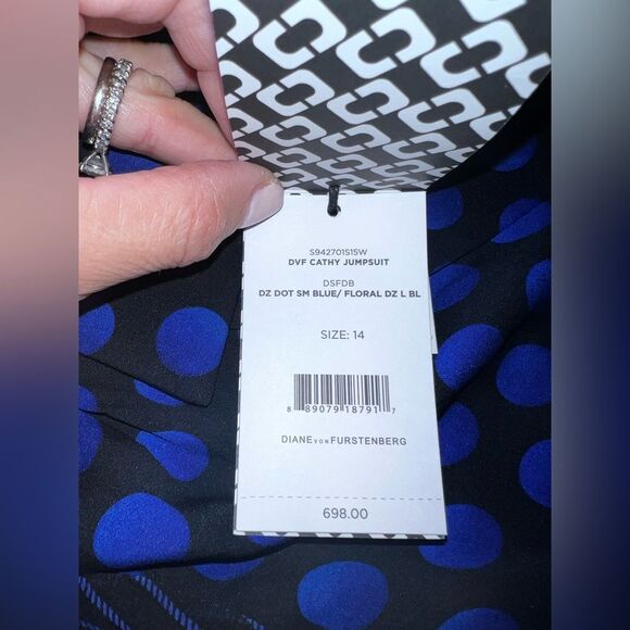 Diane Von Furstenberg Polka Dot Silk Wide Leg Jumpsuit Blue Black Sheer 14 NWT - Picture 8 of 15
